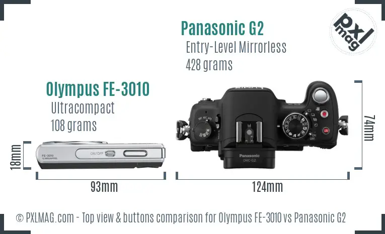 Olympus FE-3010 vs Panasonic G2 top view buttons comparison