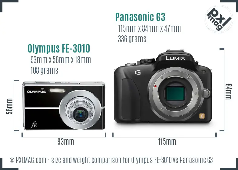 Olympus FE-3010 vs Panasonic G3 size comparison