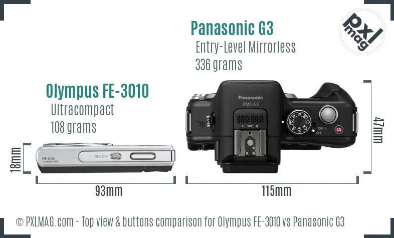 Olympus FE-3010 vs Panasonic G3 top view buttons comparison