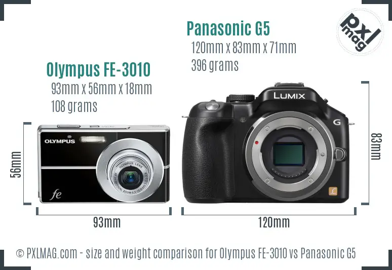 Olympus FE-3010 vs Panasonic G5 size comparison