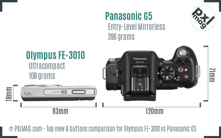 Olympus FE-3010 vs Panasonic G5 top view buttons comparison