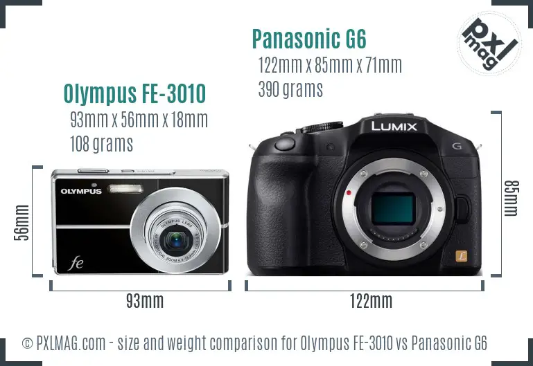 Olympus FE-3010 vs Panasonic G6 size comparison