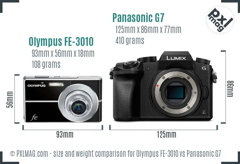 Olympus FE-3010 vs Panasonic G7 size comparison