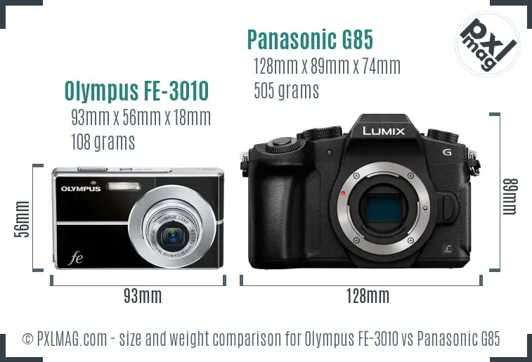 Olympus FE-3010 vs Panasonic G85 size comparison