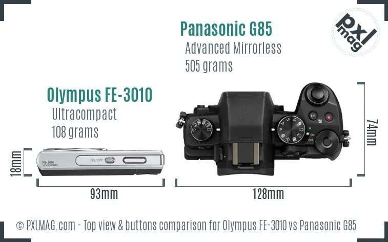 Olympus FE-3010 vs Panasonic G85 top view buttons comparison