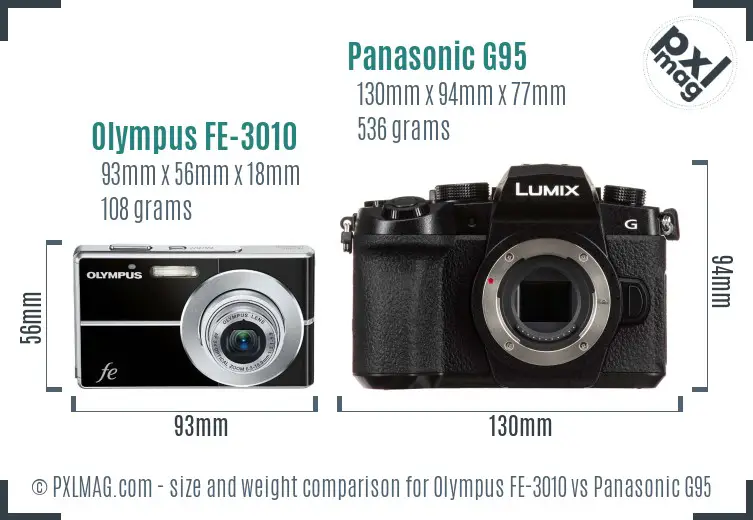 Olympus FE-3010 vs Panasonic G95 size comparison