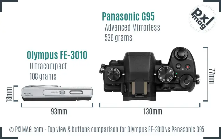 Olympus FE-3010 vs Panasonic G95 top view buttons comparison