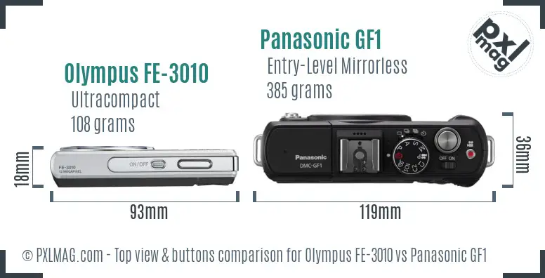 Olympus FE-3010 vs Panasonic GF1 top view buttons comparison