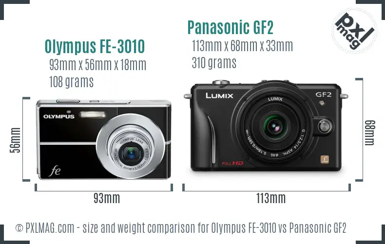 Olympus FE-3010 vs Panasonic GF2 size comparison