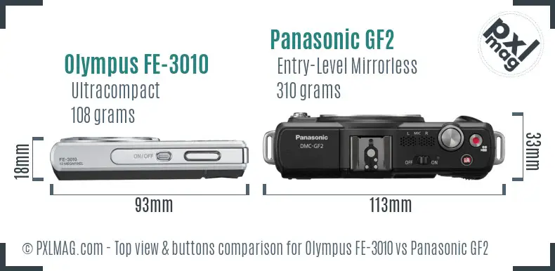 Olympus FE-3010 vs Panasonic GF2 top view buttons comparison