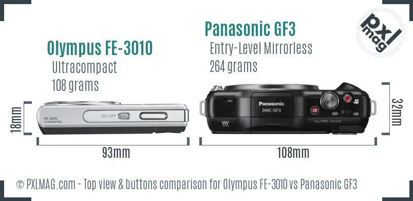 Olympus FE-3010 vs Panasonic GF3 top view buttons comparison