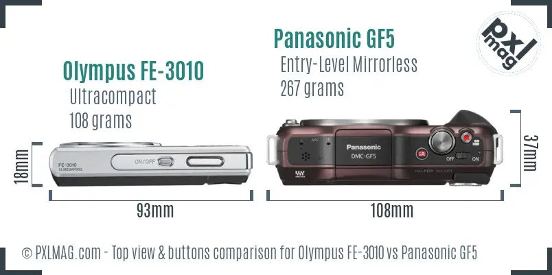 Olympus FE-3010 vs Panasonic GF5 top view buttons comparison