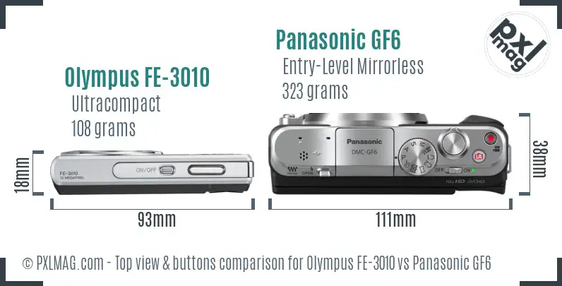 Olympus FE-3010 vs Panasonic GF6 top view buttons comparison