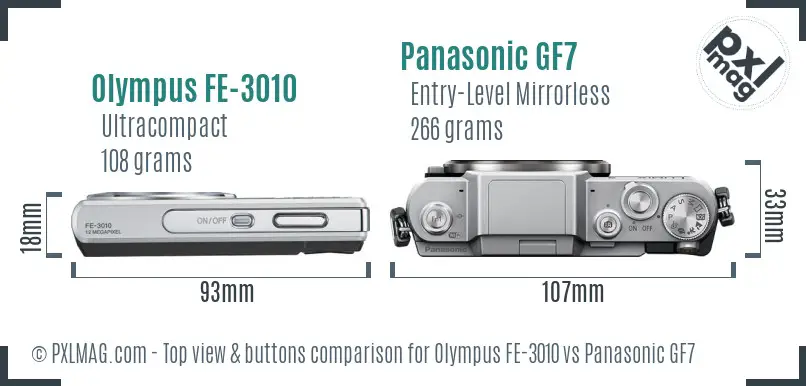Olympus FE-3010 vs Panasonic GF7 top view buttons comparison