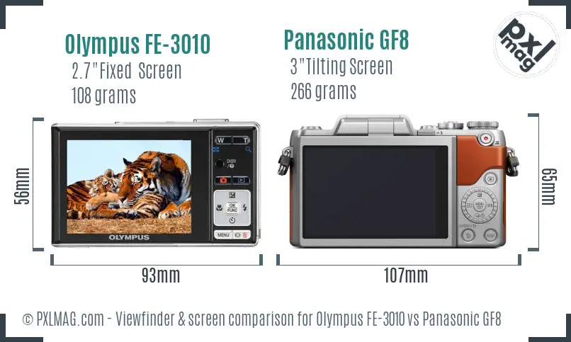 Olympus FE-3010 vs Panasonic GF8 Screen and Viewfinder comparison