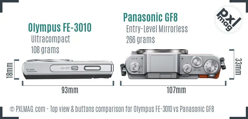 Olympus FE-3010 vs Panasonic GF8 top view buttons comparison
