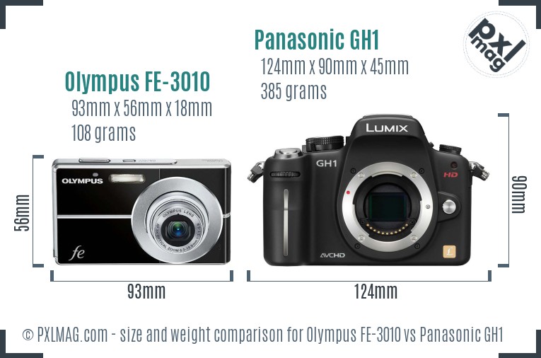 Olympus FE-3010 vs Panasonic GH1 size comparison