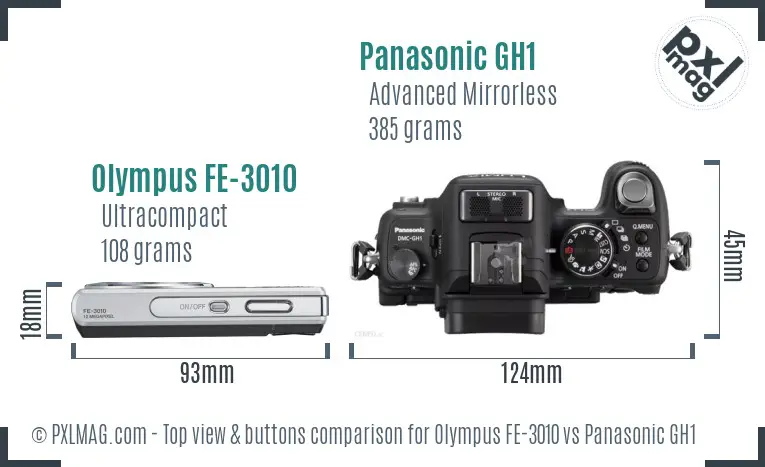 Olympus FE-3010 vs Panasonic GH1 top view buttons comparison