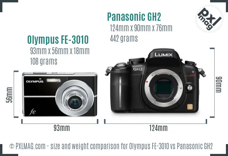 Olympus FE-3010 vs Panasonic GH2 size comparison