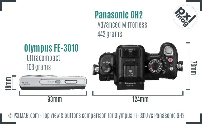 Olympus FE-3010 vs Panasonic GH2 top view buttons comparison