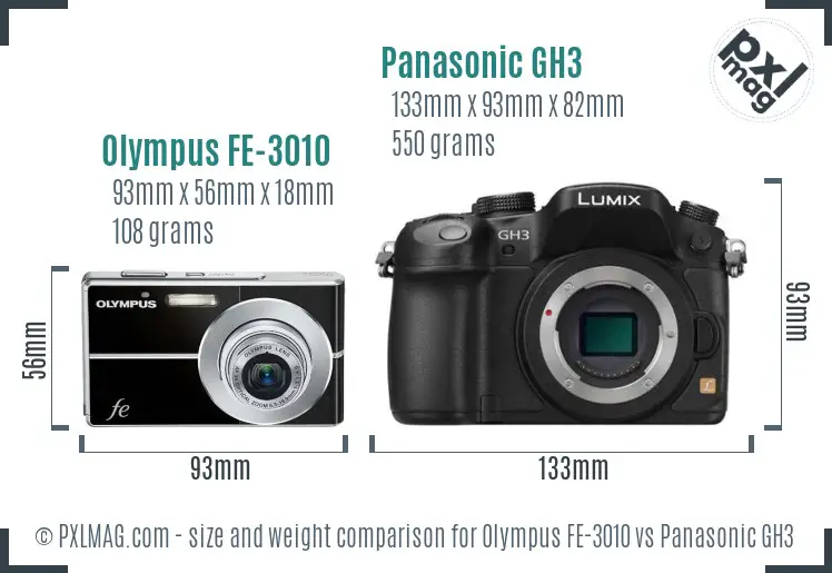 Olympus FE-3010 vs Panasonic GH3 size comparison