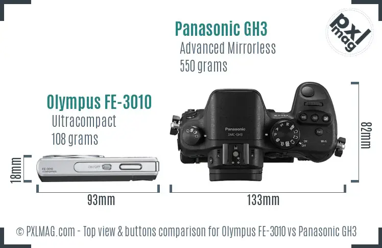 Olympus FE-3010 vs Panasonic GH3 top view buttons comparison