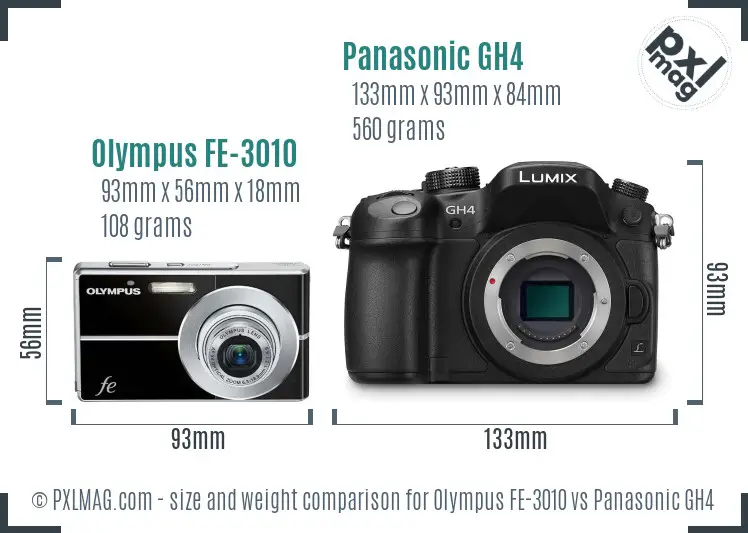Olympus FE-3010 vs Panasonic GH4 size comparison