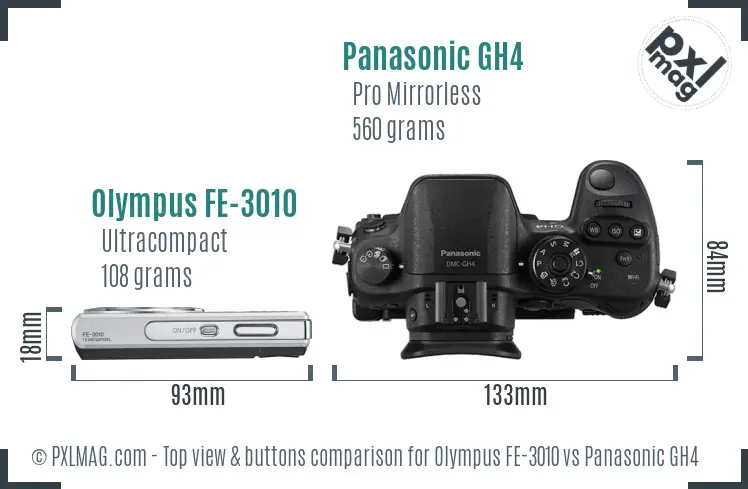 Olympus FE-3010 vs Panasonic GH4 top view buttons comparison