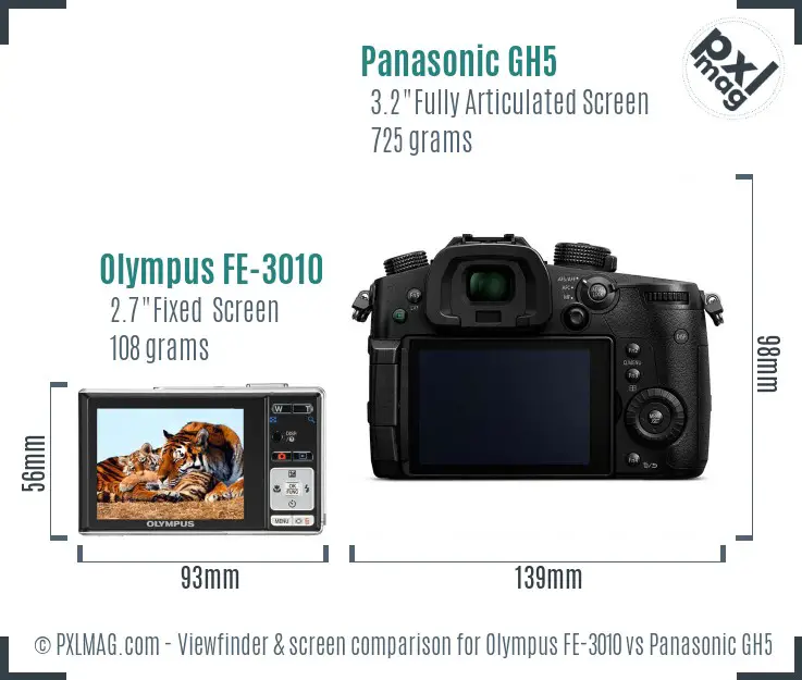 Olympus FE-3010 vs Panasonic GH5 Screen and Viewfinder comparison