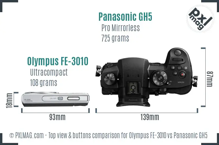 Olympus FE-3010 vs Panasonic GH5 top view buttons comparison