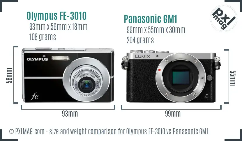 Olympus FE-3010 vs Panasonic GM1 size comparison