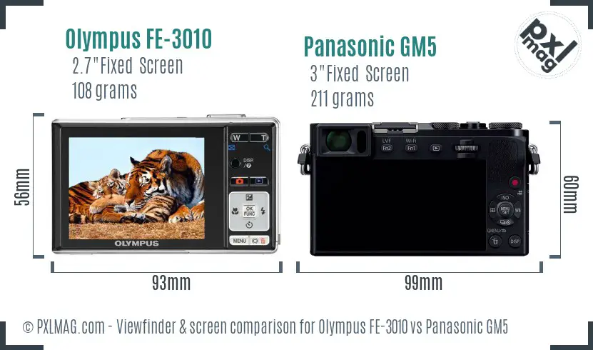 Olympus FE-3010 vs Panasonic GM5 Screen and Viewfinder comparison
