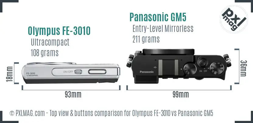 Olympus FE-3010 vs Panasonic GM5 top view buttons comparison