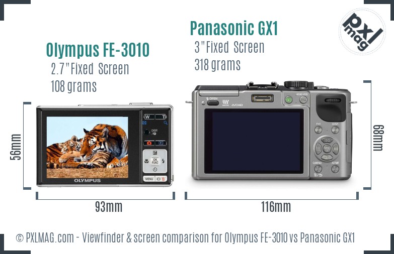 Olympus FE-3010 vs Panasonic GX1 Screen and Viewfinder comparison