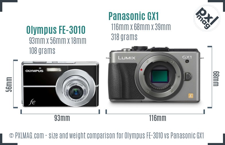 Olympus FE-3010 vs Panasonic GX1 size comparison