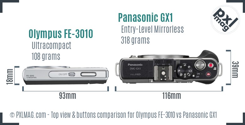 Olympus FE-3010 vs Panasonic GX1 top view buttons comparison