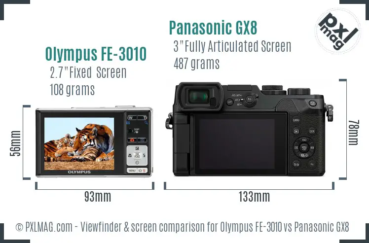 Olympus FE-3010 vs Panasonic GX8 Screen and Viewfinder comparison