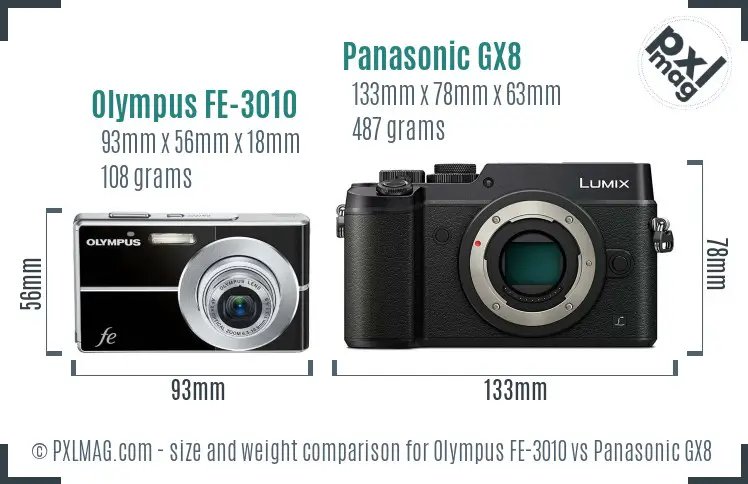 Olympus FE-3010 vs Panasonic GX8 size comparison