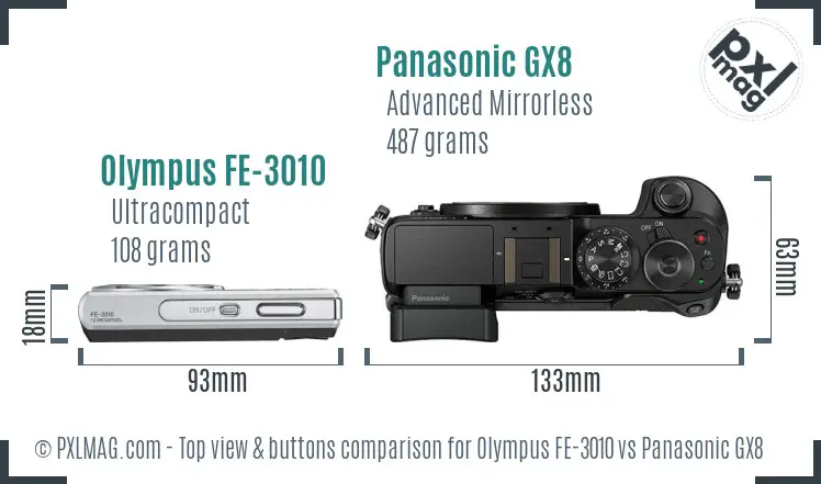 Olympus FE-3010 vs Panasonic GX8 top view buttons comparison