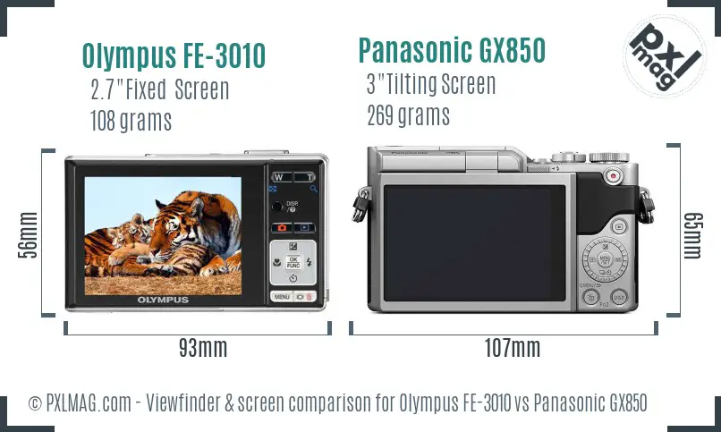Olympus FE-3010 vs Panasonic GX850 Screen and Viewfinder comparison