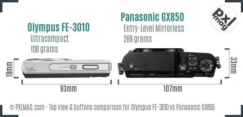 Olympus FE-3010 vs Panasonic GX850 top view buttons comparison