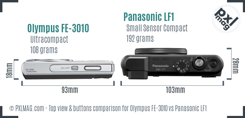 Olympus FE-3010 vs Panasonic LF1 top view buttons comparison