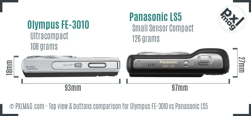 Olympus FE-3010 vs Panasonic LS5 top view buttons comparison