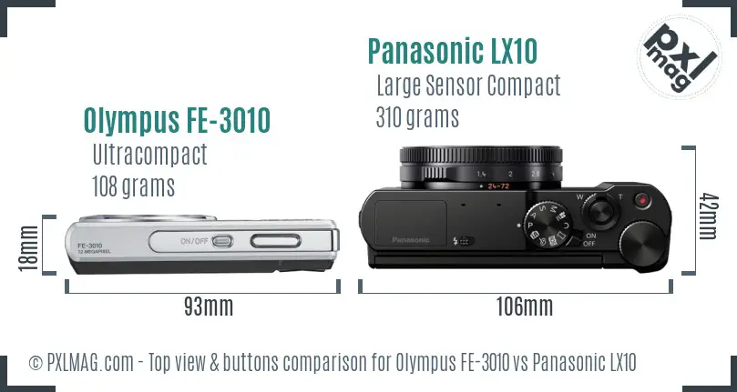 Olympus FE-3010 vs Panasonic LX10 top view buttons comparison