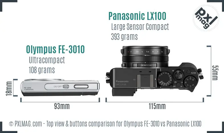 Olympus FE-3010 vs Panasonic LX100 top view buttons comparison