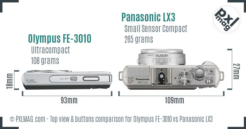 Olympus FE-3010 vs Panasonic LX3 top view buttons comparison