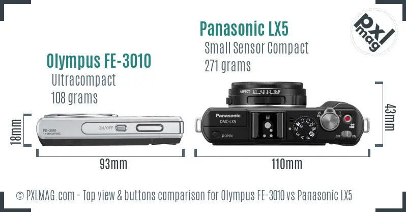 Olympus FE-3010 vs Panasonic LX5 top view buttons comparison