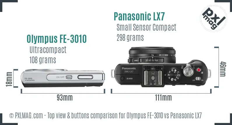 Olympus FE-3010 vs Panasonic LX7 top view buttons comparison