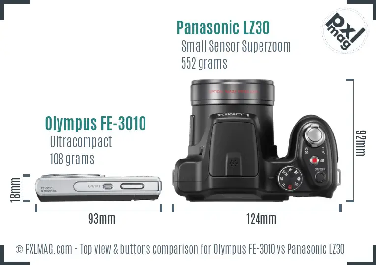 Olympus FE-3010 vs Panasonic LZ30 top view buttons comparison Olympus FE-3010 vs Panasonic LZ30 top view buttons comparison