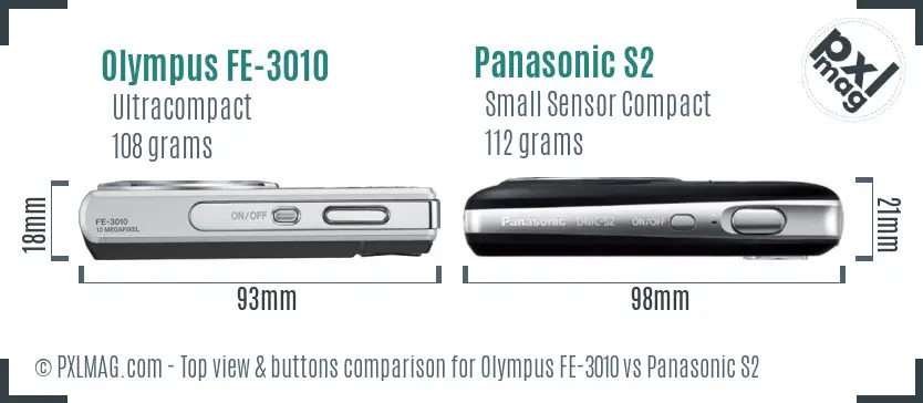 Olympus FE-3010 vs Panasonic S2 top view buttons comparison
